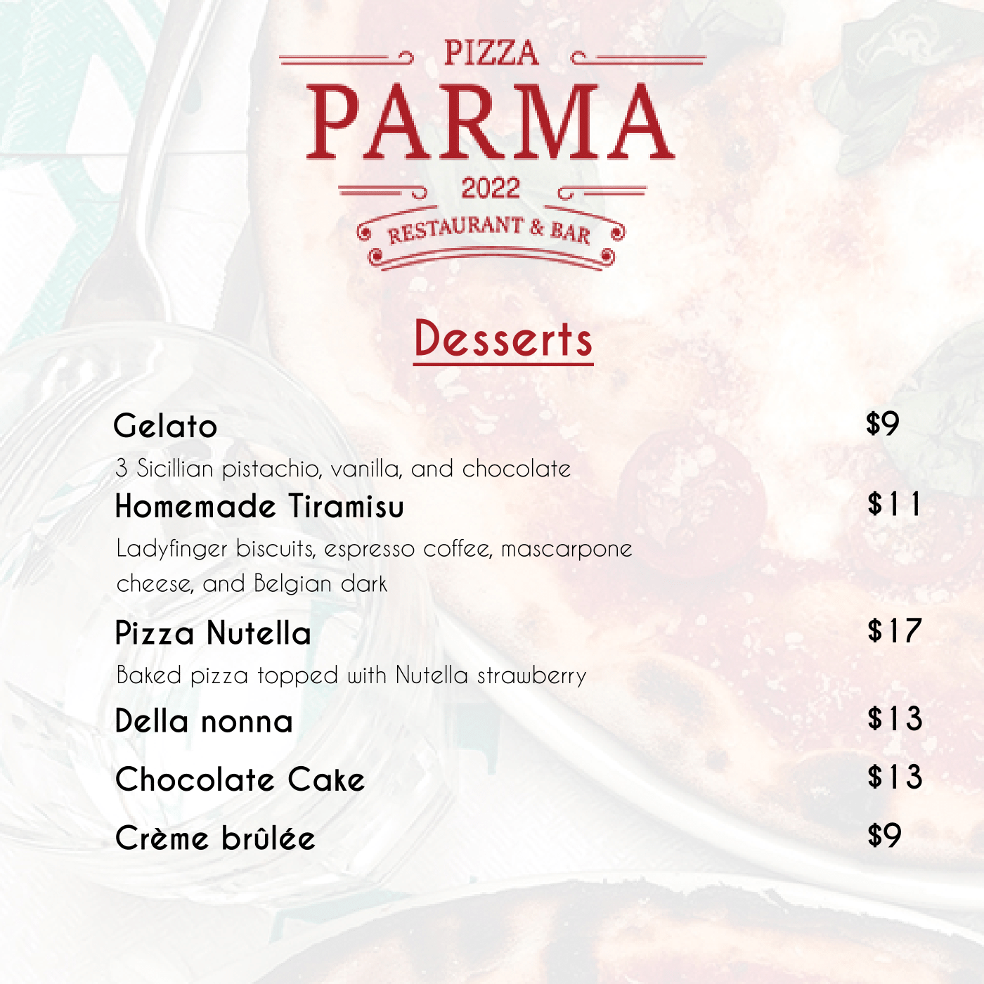 Food menu pizza restaurant